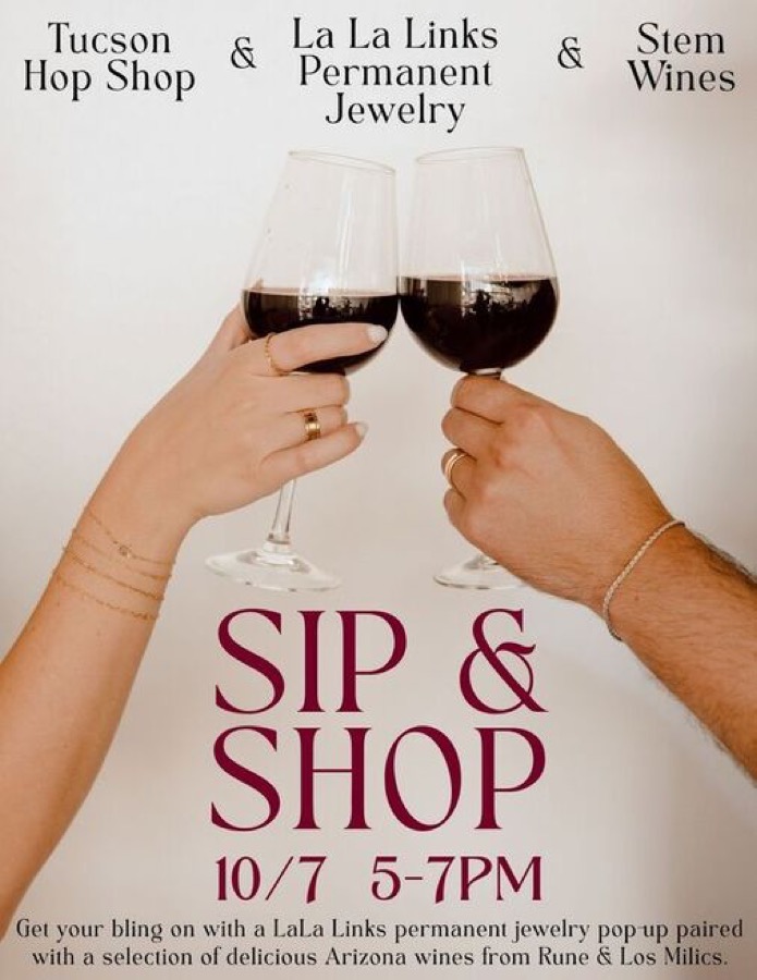 Flyer for the La La Links permanent jewelry pop-up and wine tasting.