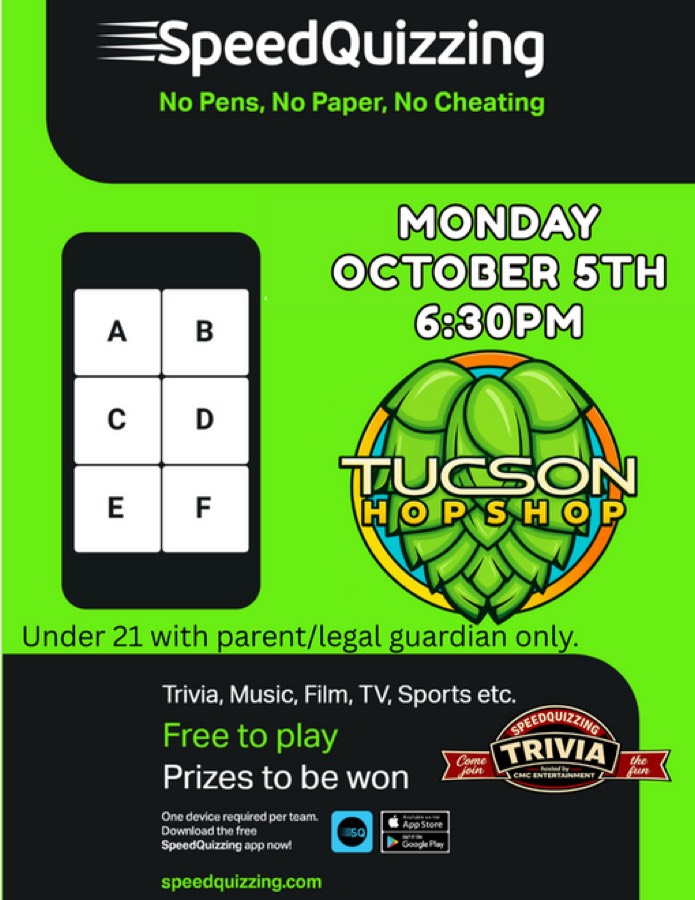 Flyer for SpeedQuizzing trivia on Monday nights at 6:30 PM.